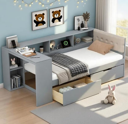 Bellemave Twin Corner Bed Frame with Storage Shelves and Desk, Wood Twin Size Daybed with Bookcase and Drawers and Upholstered Headboard, Gray