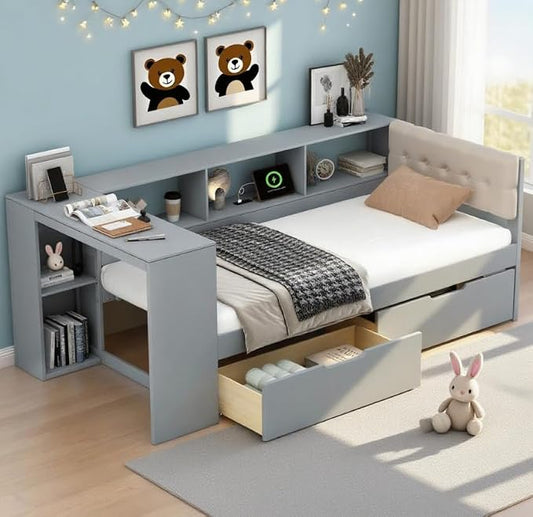 Bellemave Twin Corner Bed Frame with Storage Shelves and Desk, Wood Twin Size Daybed with Bookcase and Drawers and Upholstered Headboard, Gray
