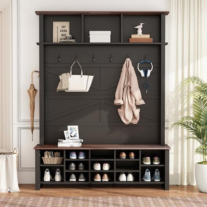 4-in-1 Hall Tree with Bench and Shoe Storage, Practical Walnut Entryway Bench with Coat Rack, Storage Shelves, 13 Shoe Cubbies, Adjustable Shelves, and 6 Hooks for Entryway, Hallway, Black
