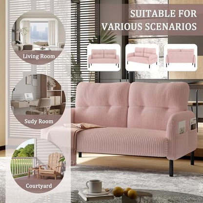 47" Corduroy Loveseat Sofa, 2 Seater Couch with Side Pockets, Pink