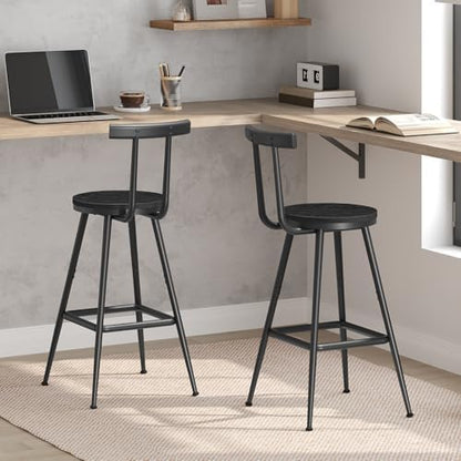 MAHANCRIS Bar Stools, Set of 2 Bar Chairs with Backrest and Footrest, 26" Tall Counter Stools, Metal Frame, Adjustable Feet, Easy Assembly, for Kitchen, Living Room, Pub, Black BAHB6001