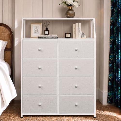 WLIVE Boucle 8 Drawer Fabric Dresser for Bedroom, Open Shelf, Cream White