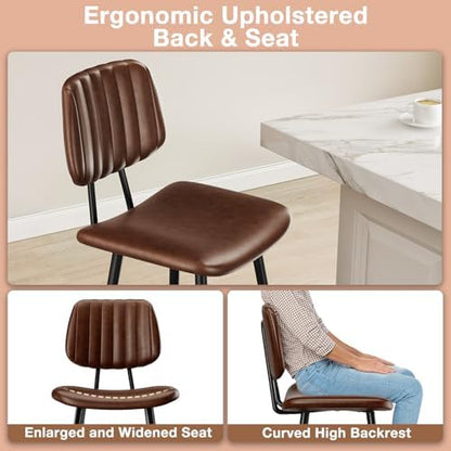Raynesys 24-Inch Leather Bar Stools Set of 4 with High Backrest, Dark Brown