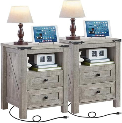 Joaxswe Nightstands Set of 2 with Charging Station and 2 Drawers, Farmhouse