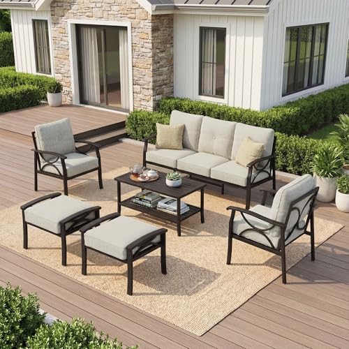 RoyalCraft Outdoor Patio Furniture Set, 7 Seats Outdoor Patio Set with 4" Thick Cushion, All-Weather Metal Patio Sofa with Coffee Table, Outdoor Sectional Furniture for Porch Backyard, Khaki&Beige