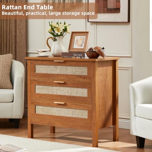 LEYAOYAO 31.5" Wide Rattan Nightstand, Large Boho 3 Drawer Night Stand
