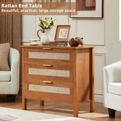 LEYAOYAO 31.5" Wide Rattan Nightstand, Large Boho 3 Drawer Night Stand
