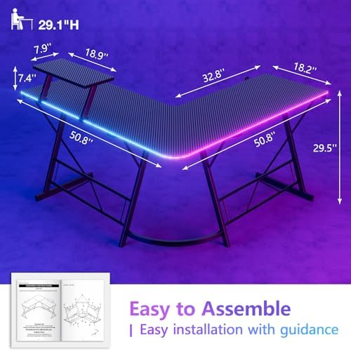 Mr IRONSTONE Gaming Desk with LED Lights, L Shaped Desk Corner with Cup Holder & Headphone Hook, Computer Desk Home Office Desks with Large Monitor Stand, Carbon Fiber Surface, Black 51 Inch