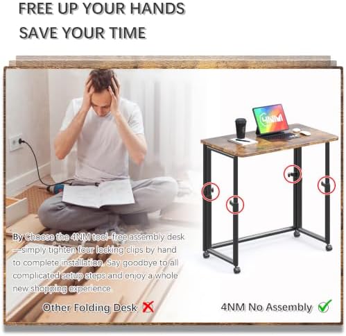 4NM No Assembly 31.5" Small Desk, Folding Portable Desk with Wheels, Adjustable Height Foldable Computer Desks, Collapsible Study Writing Table for Space Saving