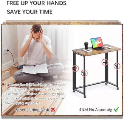4NM No Assembly 31.5" Small Desk, Folding Portable Desk with Wheels, Adjustable Height Foldable Computer Desks, Collapsible Study Writing Table for Space Saving