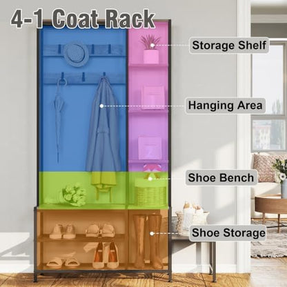 Hall Tree with Shoe Storage Bench, Coat Rack with 7 Hooks & Shelves