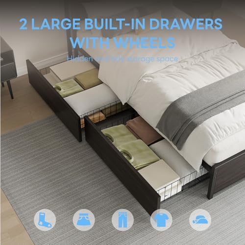 LIKIMIO Twin XL Bed Frame with DIY Layout Storage Drawers and LED Light