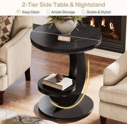 Tribesigns Round End Table, 2 Tiers Side Table with Storage Shelf, Sofa Side Bedside Nightstand with Wood Metal Arc-Shaped Frame for Small Spaces, Living Room, Bedroom, Easy to Assemble, Black (1PCS)