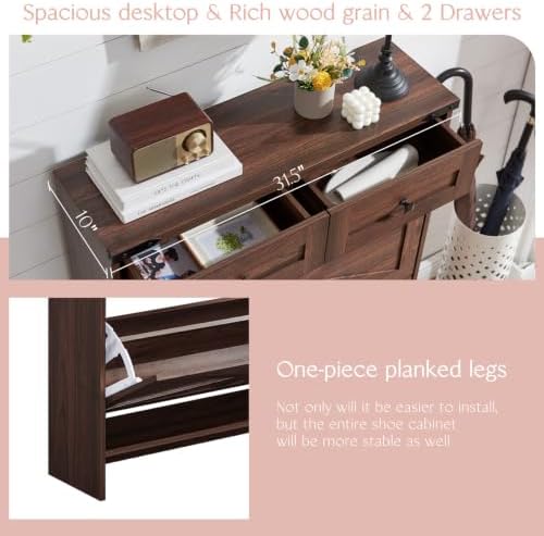 Barnyatoh Farmhouse Shoe Cabinet with 2 Flip Drawers & 2 Storage Drawers