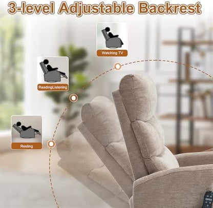 Luxlen Manual Swivel Rocker Recliner Chair with Vibration Massage, Overstuffed Glider Chair with Lumbar Heat for Nursery, Living Room Reclining Sofa Chair, Chenille Fabric Khaqi