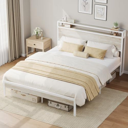 LIKIMIO Full Size Bed Frame with 2-Tier Storage Shelf Headboard