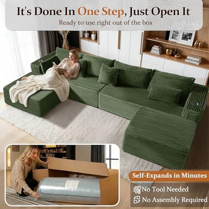 138" Cloud Sectional Couch, Comfort U Shaped Boneless Couch for Living Room, Extra Deep Seats No Assembly, Minimalist Modular Sofa, Corduroy (Olive Green, 3 Seater+Left Facing Chaise+Ottoman)