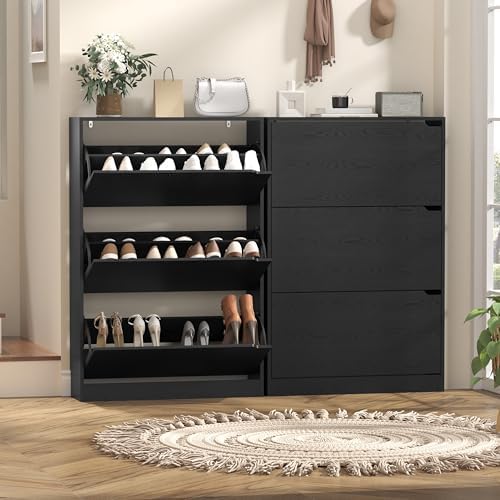 Wodeer Narrow Shoe Cabinet for Entryway, Slim Shoe Storage Cabinet with 3 Flip Drawers, Hidden Wood Shoe Cabinet Storage, Freestanding Shoe Rack Organizer Foyer, Hallway, Black