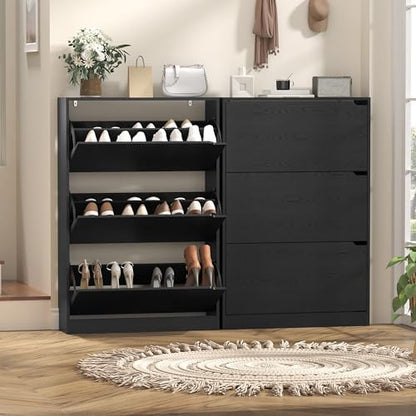 Wodeer Narrow Shoe Cabinet for Entryway, Slim Shoe Storage Cabinet with 3 Flip Drawers, Hidden Wood Shoe Cabinet Storage, Freestanding Shoe Rack Organizer Foyer, Hallway, Black