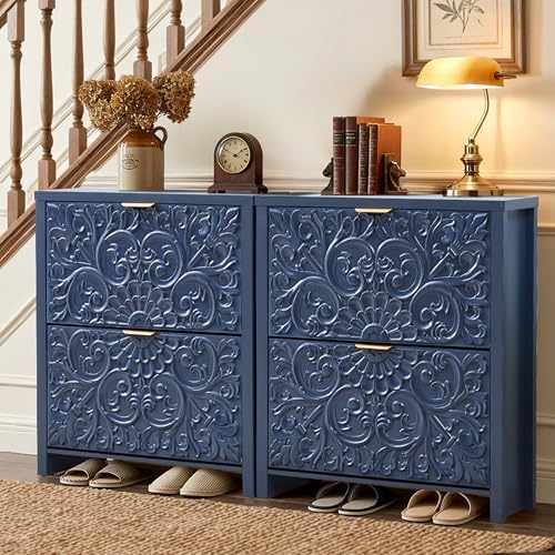 Shoe Cabinet Set of 2, 2-Tier Flip-Drawer Storage for Entryway (Blue, 2)