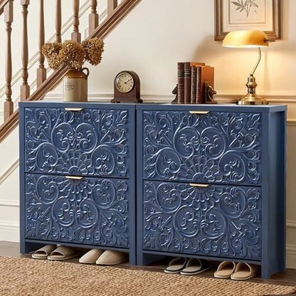 Shoe Cabinet Set of 2, 2-Tier Flip-Drawer Storage for Entryway (Blue, 2)
