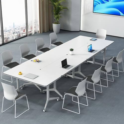 Conference Table, Folding Conference Room Tables on Wheels, Modern Meeting Seminar Table Computer Desk, Boardroom Desk for Office Meeting Conference Room,White,6 Pack 70.8inch
