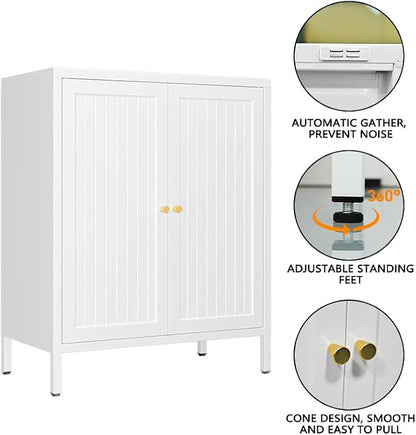 Metal Accent Storage Cabinet for Home, LivingRoom, Office,Kitchen- Metal Locker Cabinet with 1 Adjustable Shelves-Bathroom Floor Storage Cabinet Freestanding Organizer(Stripe Door, White)