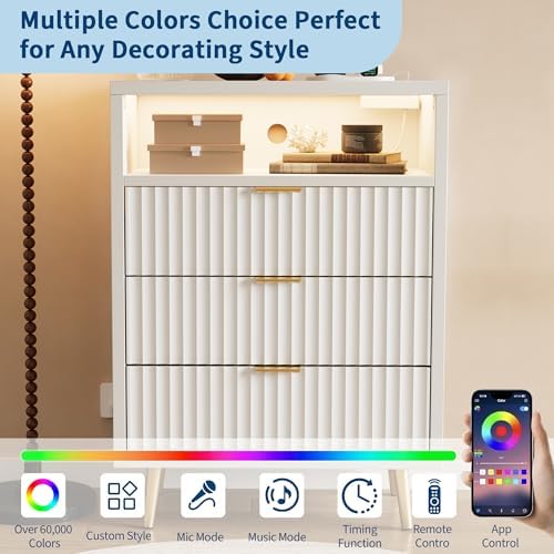 28"W 3 Drawers Dresser for Bedroom with LED and Charging Station, White