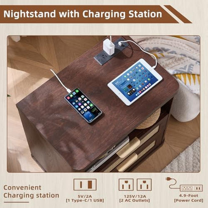 LEYAOYAO Rattan 23" Nightstands Set 2 with Charger Station 2 Drawers