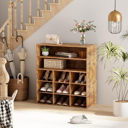 9-Cubby Shoe Rack, Wood Shoe Organizer Bench for Entryway Hallway Closet