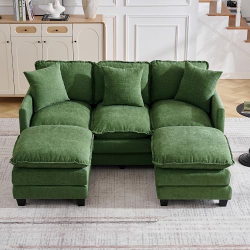 72'' Cloud 3 Seater Couch with 2 Ottomans, U Shaped Sofa with 3 Throw Pillows, Modern Sectional Couches with Deep Seat, Modular Sofas for Living Room, Bedroom, Small Apartment, Dark Green