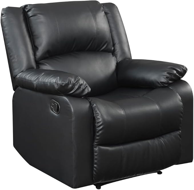 Warren 35.5" Manual Pull-Handle Recliner, Traditional Overstuffed, Pocket Coil Comfort, Black Metal Base Legs, Soft Vegan Leather Fabric, Black