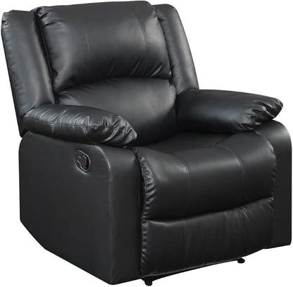 Warren 35.5" Manual Pull-Handle Recliner, Traditional Overstuffed, Pocket Coil Comfort, Black Metal Base Legs, Soft Vegan Leather Fabric, Black