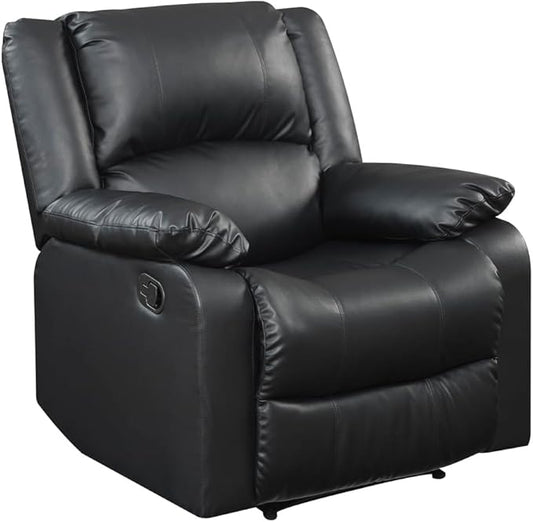 Warren 35.5" Manual Pull-Handle Recliner, Traditional Overstuffed, Pocket Coil Comfort, Black Metal Base Legs, Soft Vegan Leather Fabric, Black