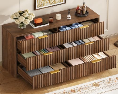 Fluted 6 Drawer Dresser for Bedroom, Wide Modern Chest of Drawers with Metal Handle, Curved Profile Design, Wood Closet Clothes Storage Organizer for Bedroom, Hallway, Walnut