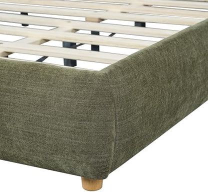Merax California King Chenille Platform Bed with 2 Pillows, Olive Green