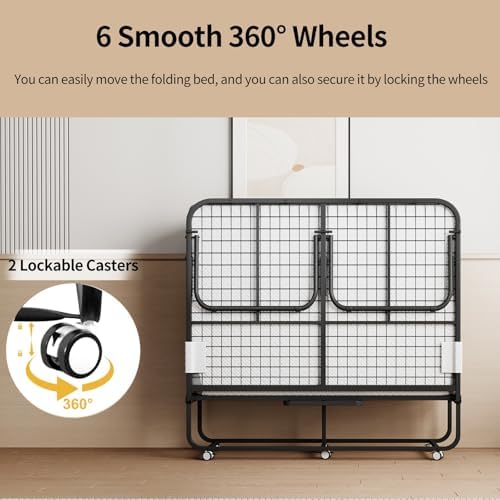 Folding Bed with 5" Memory Mattress, 75"×54" Full Size Double Portable Bed for Adults, Roll Away Foldable Beds on Wheels for Guest,Hideaway,Save Space