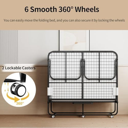 Folding Bed with 5" Memory Mattress, 75"×54" Full Size Double Portable Bed for Adults, Roll Away Foldable Beds on Wheels for Guest,Hideaway,Save Space