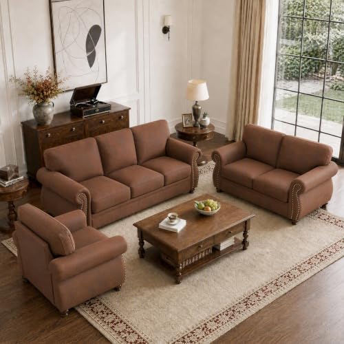 Couchus 3-Piece Sofa Set, 88" 3-Seater, 77" Loveseat, 42" Armchair, Rust