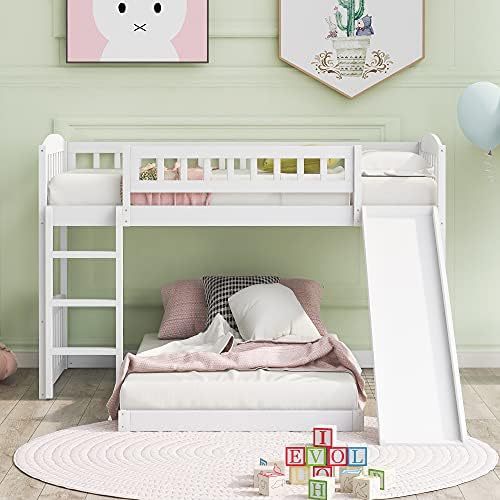 Twin Over Twin Bunk Bed, Wood Bunk Bed with Slide and Ladder, White