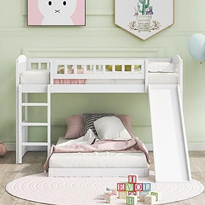 Twin Over Twin Bunk Bed, Wood Bunk Bed with Slide and Ladder, White