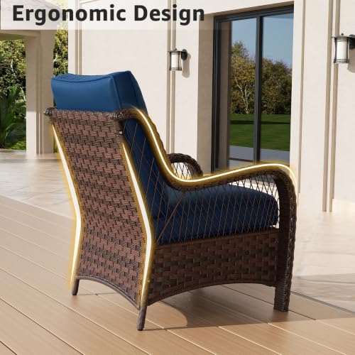 5 Piece Wicker Patio Furniture Set, Rattan Patio Chairs with High Back, Deep Seating, Wide Armrest, Thickened Cushions, Outdoor Furniture for Deck, Porch Use, Blue