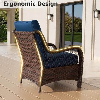 5 Piece Wicker Patio Furniture Set, Rattan Patio Chairs with High Back, Deep Seating, Wide Armrest, Thickened Cushions, Outdoor Furniture for Deck, Porch Use, Blue