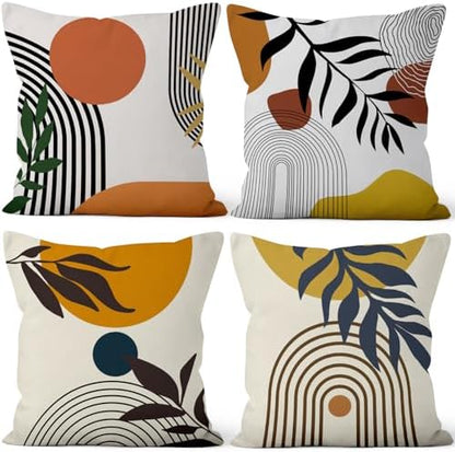 4 Pcs/Set Abstract Line Throw Pillow Covers Boho Sun Moon Arch Botanical Leaves Geometric Lines Plants Linen Throw Cushion Cases for Couch Sofa Bedroom Decorative, 22"x22"