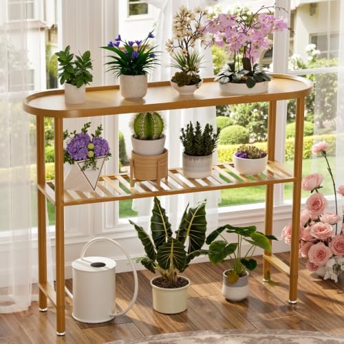 Bamboo Console Table for Entryway 39.4", Farmhouse Entryway Table for Hallway Oval Top, Sofa Console Table with Anti-fall Edge, TV Stand for Living Room, Plant Stand, 5min Easy Assembly, Walnut