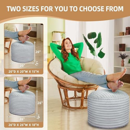 Round Stuffed Pouf Ottoman Foot Rest for Couch Round Ottoman with Foam Chunk Filling Stripe Faux Fur Ottomans for Living Room Floor (26"x18",Light Grey)