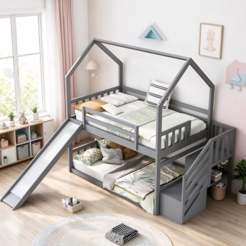 RuiSiSi Twin Over Twin Bunk Bed with Slide, Wood House Bunk Bed Frame with Staircase and Storage Shelves for Boys Girls, No Box Spring Needed, Nosie Free, Grey