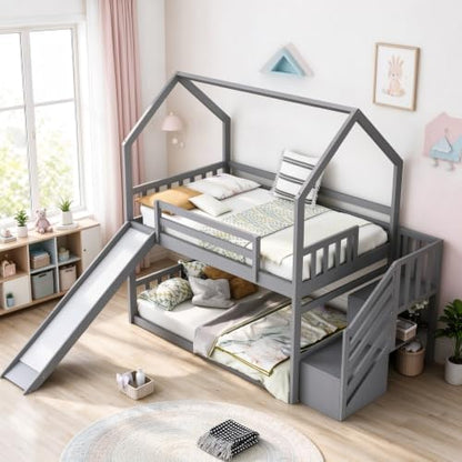 RuiSiSi Twin Over Twin Bunk Bed with Slide, Wood House Bunk Bed Frame with Staircase and Storage Shelves for Boys Girls, No Box Spring Needed, Nosie Free, Grey