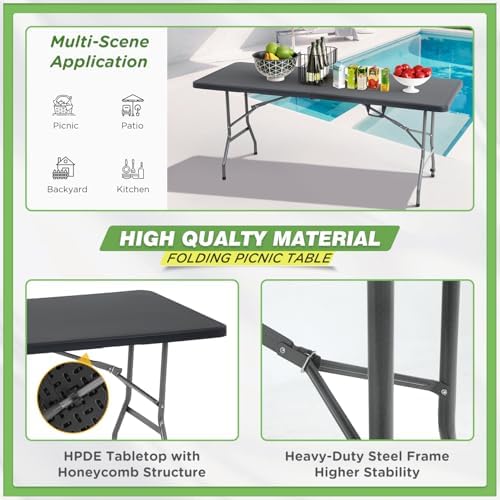 BestOffice | 6FT Folding Table | Black | Portable Plastic Table