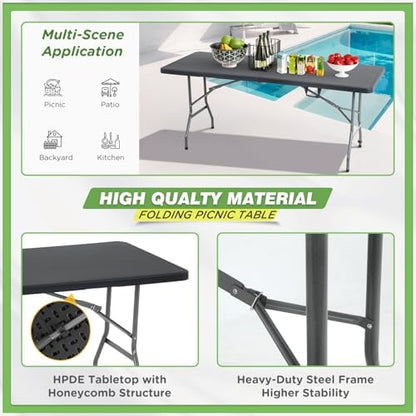 BestOffice | 6FT Folding Table | Black | Portable Plastic Table